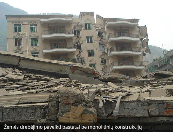 Žemės drebėjimo paveikti pastatai be monolitinių konstrukcijų.