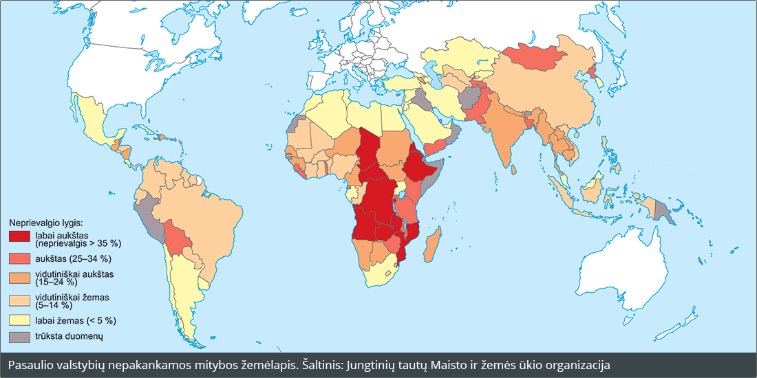 Pasaulio valstybių nepakankamos mitybos žemėlapis. Šaltinis: Jungtinių tautų Maisto ir žemės ūkio organizacija