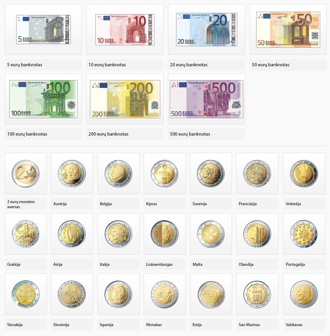Banknotai visose šalyse yra vienodi, o monetų aversa kiekviena šalis leidžia pagal savą dizainą.